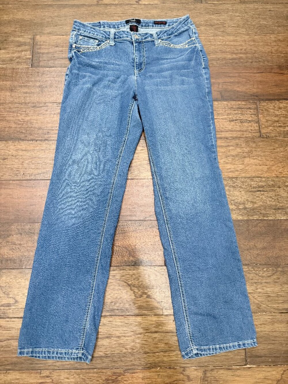 Earl Jean Straight Leg Jeans Womens 14 Embellished Flap Pocket Stretch